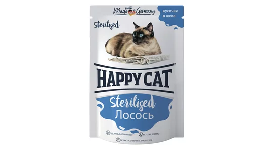 HAPPY CAT 100гр Корм для стерилизованных кошек Лосось кусочки в желе (пауч)