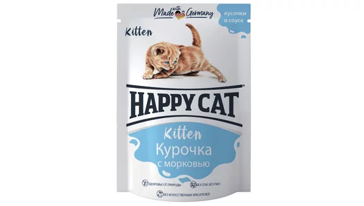 Корм HAPPY CAT 100гр для котят Курочка с морковью в соусе (пауч)