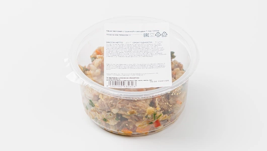 Каша перловая с тушёнкой и овощами, кафе Каша перловая с тушёнкой и овощами, кафе