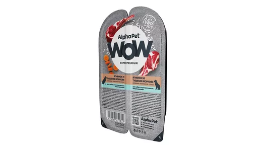 Влажный полнорационный корм AlphaPet WOW Superpremium для собак с чувствительным пищеварением, ягнёнок и тушеная морковь, мясные кусочки в соусе 100г