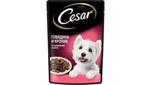 CESAR 85гр для собак из Говядины и Кролика в соусе со шпинатом (пауч)