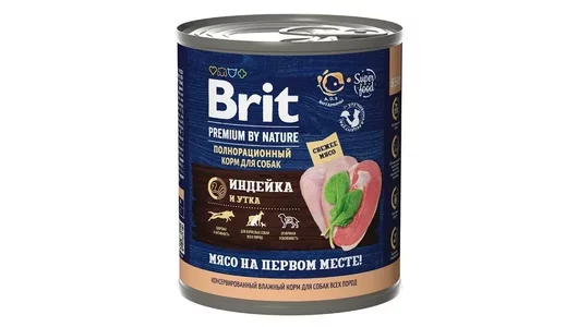 Влажный корм BRIT 850гр для любых собак Premium by Nature Индейка и утка