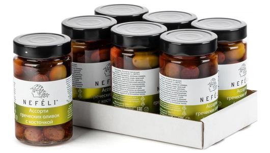 Ассорти греческих оливок Nefeli c косточкой 300 мл