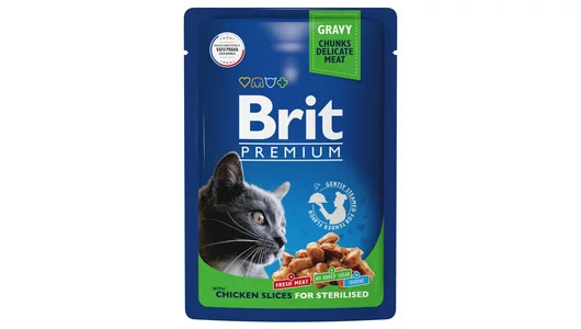BRIT 85гр Корм для взрослых стерилизованных кошек цыпленок в соусе Premium (пауч)