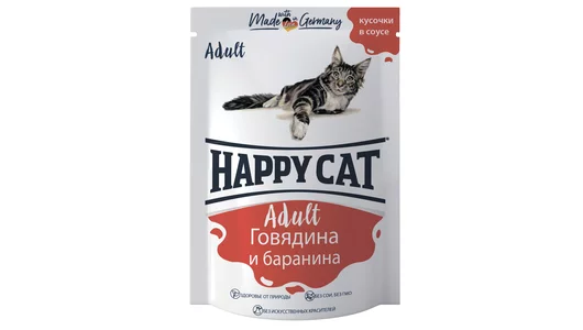 Корм HAPPY CAT 100гр для кошек Говядина Баранина в соусе (пауч)