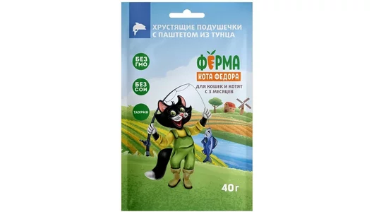 Лакомство Мнямс Ферма кота Федора для кошек и котят, хрустящие подушечки с паштетом из тунца 40гр