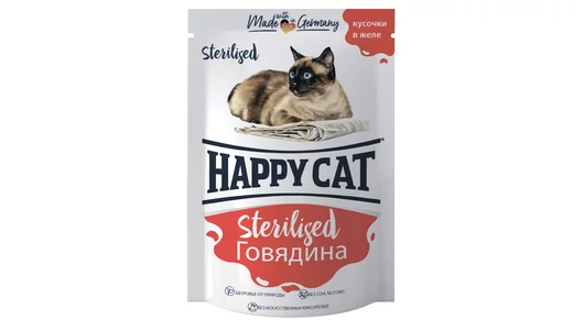 HAPPY CAT 100гр Корм для стерилизованных кошек Говядина кусочки в желе  (пауч)