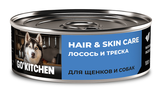 GO'KITCHEN консервы полнорационные для взрослых собак и щенков с лососем и треской, HAIR&SKIN Salmon&CodFish, 100 г