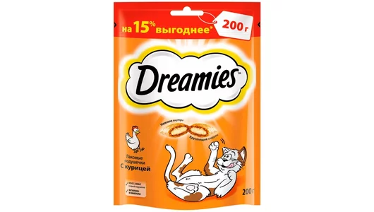 DREAMIES 200гр Лакомство для кошек лакомые подушечки с Курицей