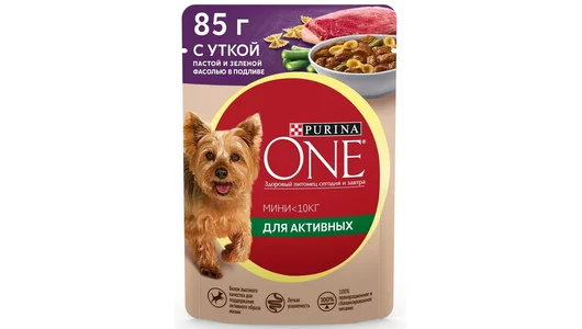 Влажный корм Purina ONE Мини Активная для взрослых собак мелких пород с активным образом жизни, с уткой, пастой и зеленой фасолью в подливе 85 г