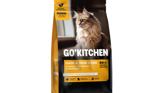 GO'KITCHEN Сухой корм для котят и кошек всех возрастов со свежей курицей, фруктами и овощами, HAIR&SKIN CARE Chicken, 400 г