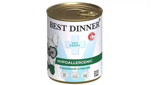 Консервы Best Dinner Vet Profi Exclusive Hypoallergenic для собак всех пород, при пищевых аллергиях. Конина и рис 340гр