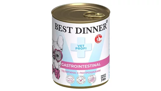 Влажный корм Best Dinner Vet Profi Exclusive Gastro Intestinal для щенков и  собак, для профилактики ЖКТ. Телятина с потрошками. 340гр