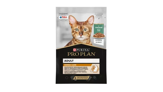 Корм PRO PLAN® паучи для взрослых кошек для здоровья кожи и красоты шерсти, с треской в соусе, DERMA CARE
