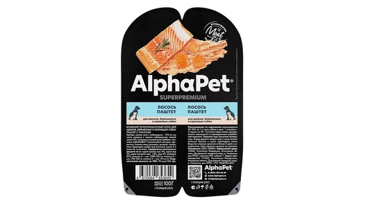 Влажный полнорационный корм AlphaPet Superpremium для щенков, беременных и кормящих собак, паштет из лосося 100гр