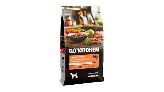 GO'KITCHEN лосось и морская рыба с овощами, полнорационный беззерновой сухой корм для щенков и собак всех возрастов с чувствительным пищеварением, 9,9