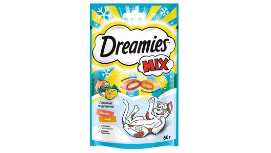 DREAMIES 60гр Лакомство для кошек лакомые подушечки Микс Лосось/Сыр