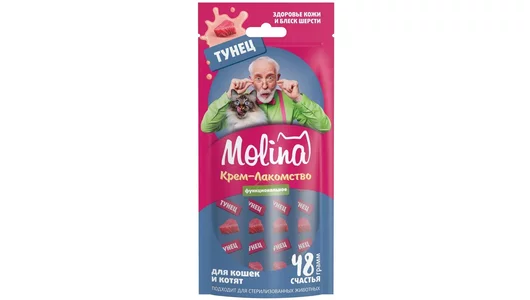Лакомство Molina Healthy Skin&Shiny Coat функциональное крем-лакомство для кошек и котят, здоровая кожа, густая и блестящая шерсть, с тунцом 48 гр