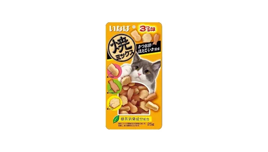 Лакомство INABA CIAO Yakimiksu для кошек, Запеченное ассорти cо вкусом кацуобуси, морского гребешка и кальмара (25 гр.)