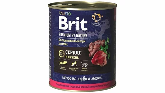 Влажный корм BRIT 850гр для любых собак Premium by Nature Сердце и печень