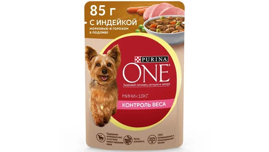 Влажный корм Purina ONE Мини Контроль веса для собак мелких пород с низкой физической активностью, с индейкой, морковью и горохом в подливе, 85 гр