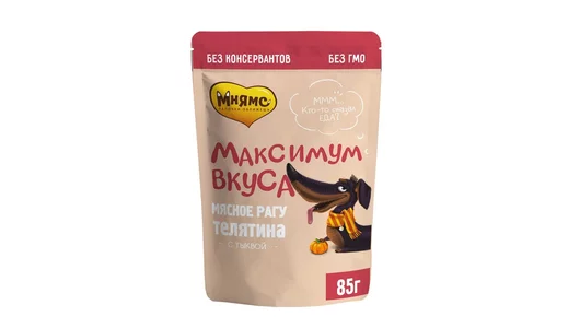 МНЯМС 85гр Корм для собак мясное рагу с телятиной и тыквой «Максимум вкуса» (пауч)