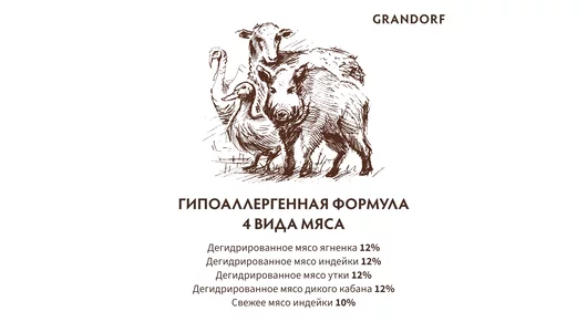 Корм сухой Grandorf 4 мяса с пробиотиками для собак средних и крупных пород 3 кг