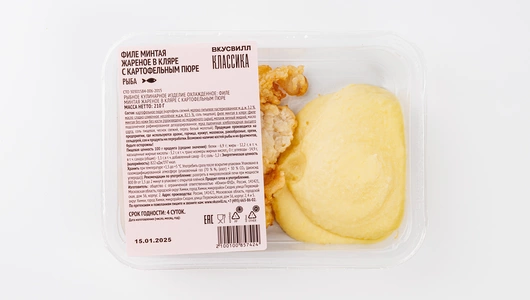 Филе минтая жареное в кляре с картофельным пюре Филе минтая жареное в кляре с картофельным пюре