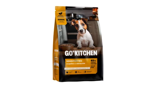 Корм GO'KITCHEN Индейка с овощами, полнорационный беззерновой сухой корм для щенков и собак, с индейкой для чувствительного пищеварения, 1.59 кг