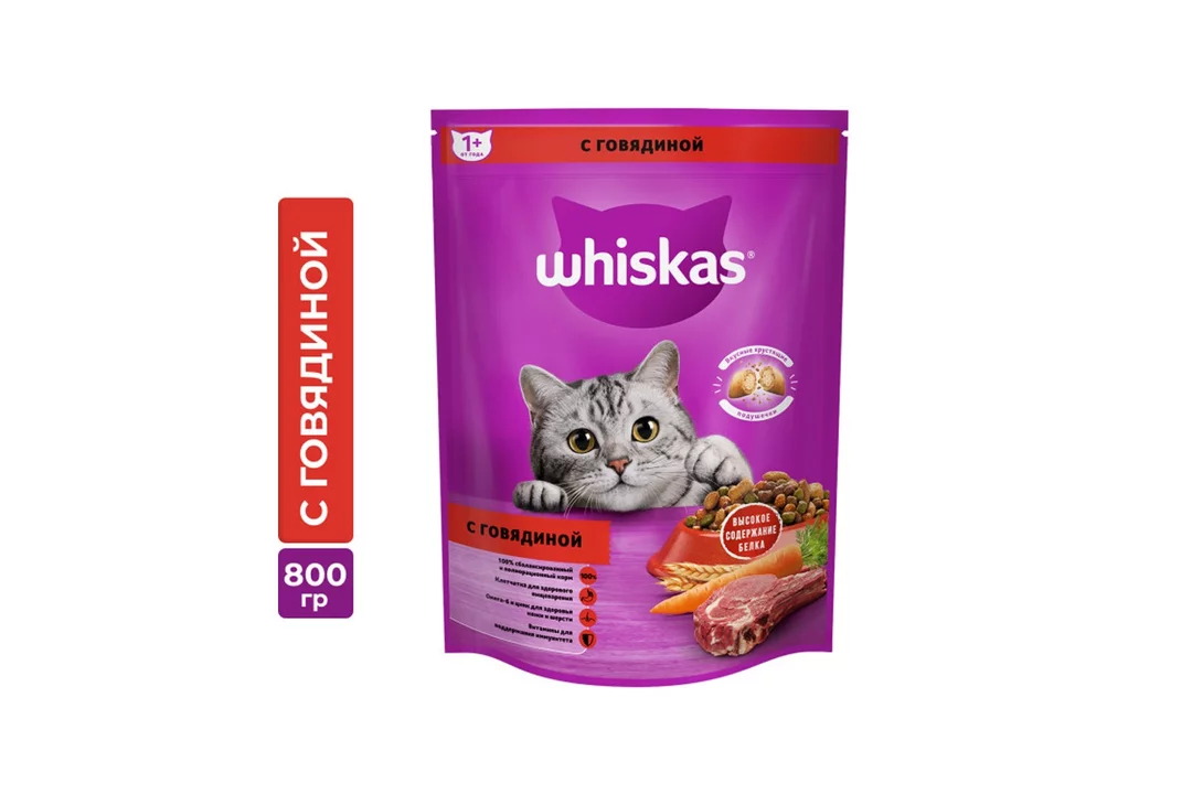 Корм для кошек WHISKAS подушечки с паштетом говядина сух. 800г с бесплатной  доставкой на дом из «ВкусВилл» | Псков