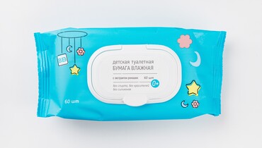 Изображение товара Влажная туалетная бумага детская с ромашкой 60 шт для чувствительной кожи