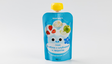 Изображение товара Пюре из яблок с клубникой и творогом, 90 г