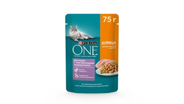 Изображение товара Корм влажный Purina one для кошек с чувствительным пищеварением курица морковь 75 г