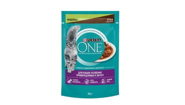 Изображение товара Корм влажный Purina one для кошек особенно привередливых к вкусу индейка и утка с морковью 75 г